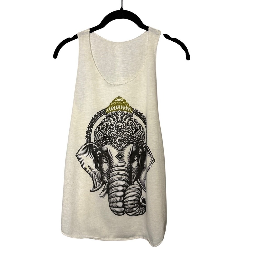 Ganesha Elephant Graphic Tank Top Cream Slub Knit Boho Yoga Sleeveless Tee